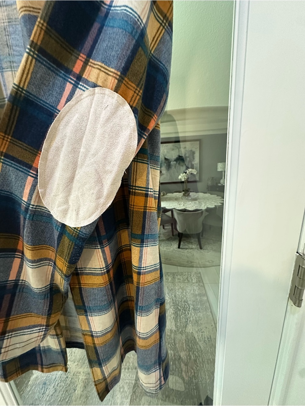 Cozy Plaid Open Cardigan in Navy, Mustard & Cream M/L - Picture 2 of 4